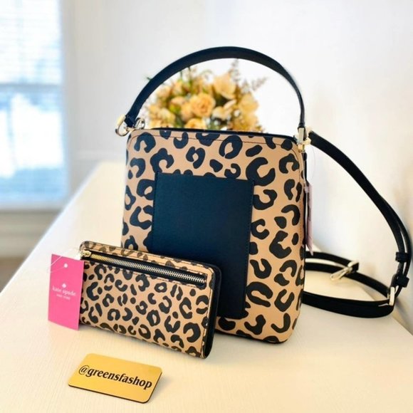 Kate Spade Purse & Wallet Darcy Graphic Leopard Small Bucket Bag Crossbody - Picture 3 of 11